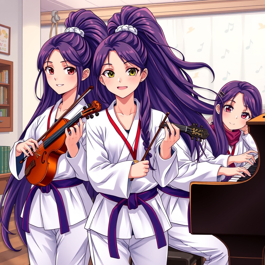 سه قلو های دختر که شبیه هم هستن زهراوفاطمه و زینب با موهای خیلی بلند دارند وهر سه تاشون ۱۵ سالشان است وهر سه تاشون لباس تکواندو پوشیده اند ومدال تکواندو برگردن هر سه تاشون است وفاطمه ویولن بردست دارد ومی نوازد زینب گیتار بر دست دارد ومی نوازد زهرا پیانو می نوازد 
13