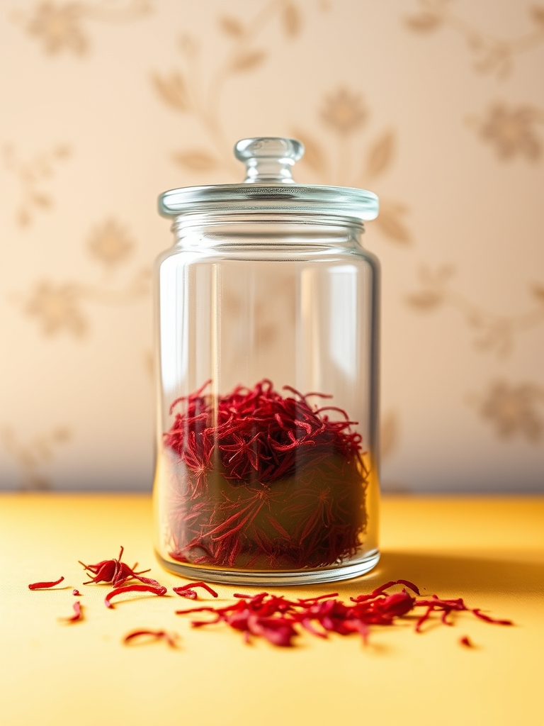 عکس زعفران ایرانی که داخل شیشه ای استوانه ای قرار داره و درش بسته است و شیشه نسبتا متوسط است و زعفران بسیار خوش رنگ.  این شیشه روی سطحی زرد که زردش گرم است و پس زمینه اش زرد که با زرد سطح یکم تفاوت دارد و کاغذ دیواری است که طرح گل بی رنگ رویش چاپ شده.  
بیشتر زوم روی شیشه است و منحصر به فرده. شیشش هم مجلل باشه 5