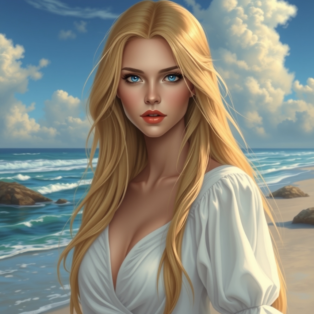 زیباترین دختر در جهان حتی در رویایی که شکوه خدا را داشته باشد با موهای بلند و طلایی و صاف باشه با چشمانی آبی و در ساحل باشد با لبانی سرخ و با پوستی سفید و بلوزی سفید باشد 16