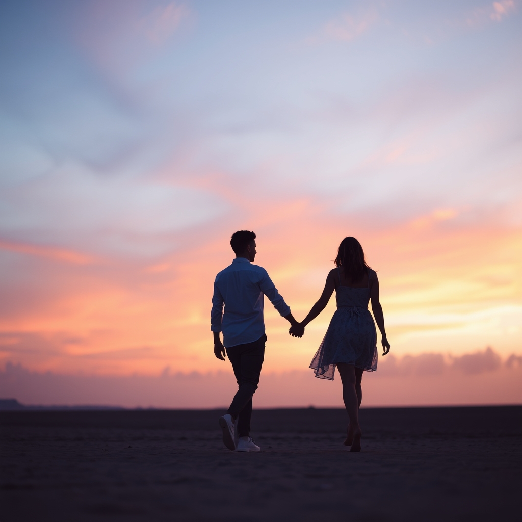 دختر و پسر بزرگی در غروب آفتاب در جایی دور کنار دریا درحال قدم زدن و فقط سایه آنها دیده میشود6