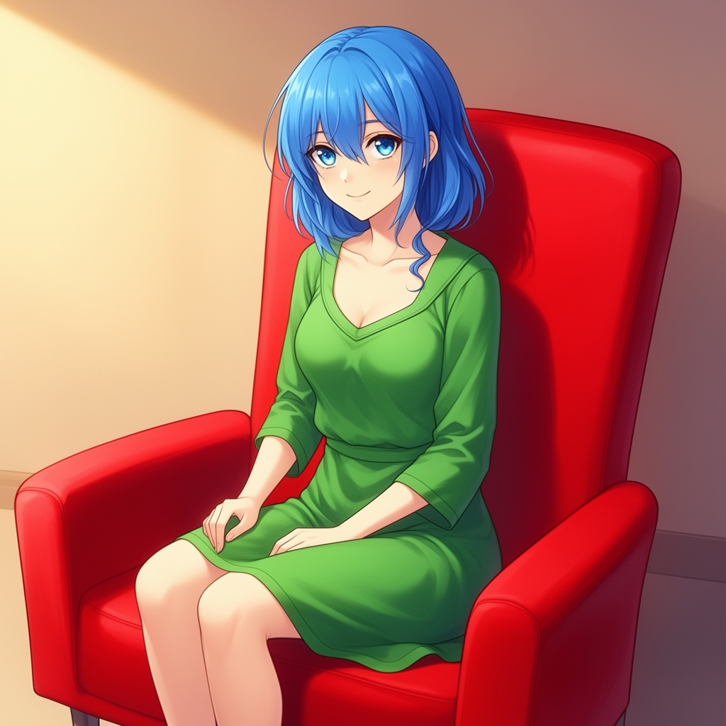 دختر زیبا انیمه با موهای آبی و لباس سبز نشسته روی صندلی قرمز4