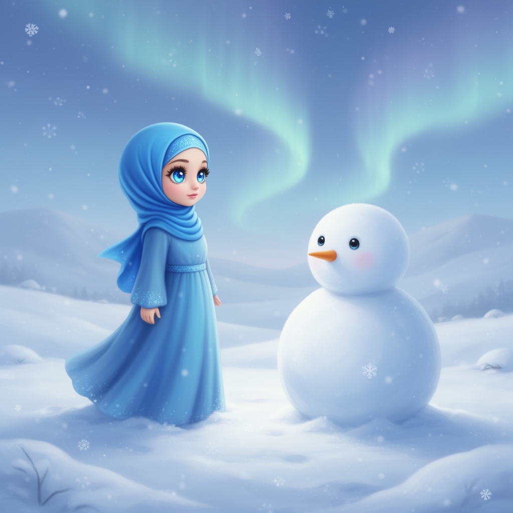 یک دختر   با روسری آبی خیلی قشنگ و چشم های آبی بزرگ در کنار یک آدم برفی ناز تپل در کنار برف ها در فصل زمستان 
1