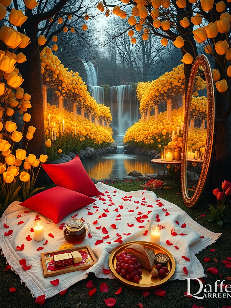 باغ بزرگ و افسانه ای پر گل سرخ لی لی یم زرد و سفید و اطلسی و شب بو
دورادور آبشارها روان به داخل برکه می ریزند وسط برکه زیر تونل افراشته از گل سرخ  و تونل روشن از هزاران شمع 
یک تشک گرم و نرم سفید با کوسن های قرمز پر شده با گلبرگ های سرخ دیده می شود
و سینی گرد و طلایی پر نان کره خامه عسل میوه و شیر و شیر برنج خوشه انگور سرخ سیاه زرد نزدیک تشک ست و
یک آینه تمام قد بلند از طلا کمی دورتر ایستاده5