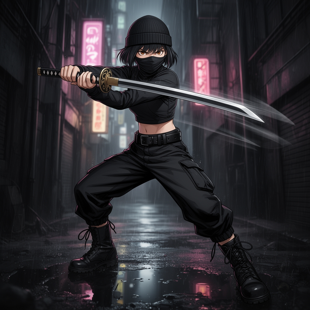 دختری با موهای کوتاه پسرونه و کلاه و ماسک مشکی و لباس آستین بلند مشکی تا جای کمر و شلوار مشکی پایینش کش داشته باشه و کفشای پوتین سربازی مشکی و دور کمرش ی کمربند مشکی بسته باشه ویک شمشیر تیز بزرگ تو دستانش باشه و درحال شمشیر بازی باشه 0