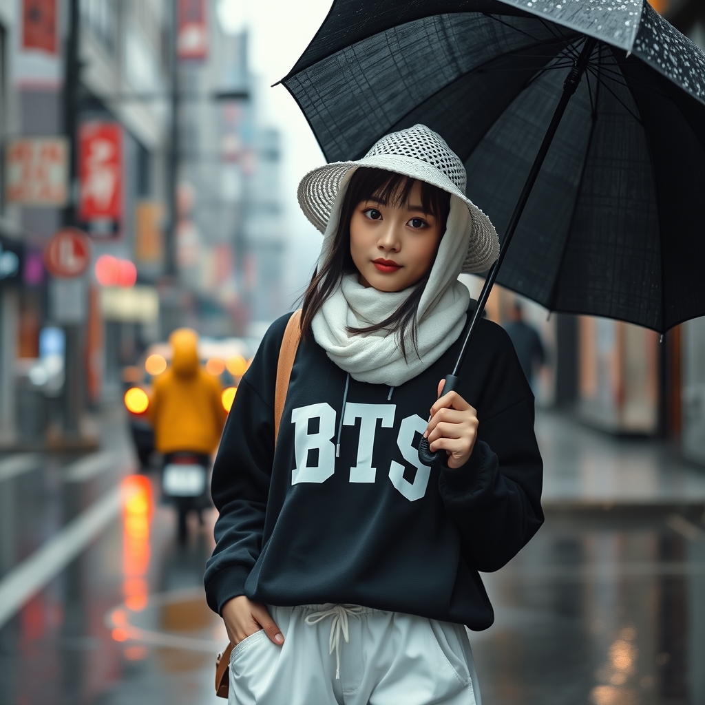 یک دختر ۲۰ ساله کره ای با لب های گوشتی چشمای درشت قهوه ای یک هودی سیاه که روش نوشته شدهBTSروش یک پاقر سفید پوشیده است و یک شلوار بگ و کتونی سفید و موهای قهوه ای بلند روی سرش کلاه بافته شده سفید با منگوله و در دستش چتر سیاه در خیابان که دارد در کره جنوبی باران میاید 11