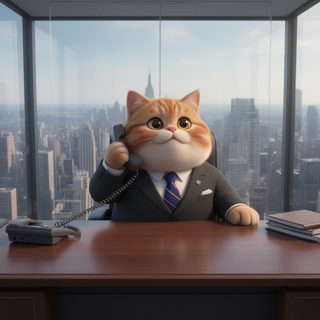 گربهای چاق و بامزه با کت و شلوار رسمی و کراوات که پشت میز مدیریت نشسته و با تلفن صحبت میکند، دفتر کار شیشهای در آسمانخراش.0