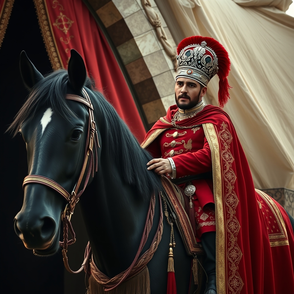 یک سردار جوان خوش سیمای مربوط به دوران قاجار که لباس رزم سرخ پوشیده و تاجی درخشان و بزرگ بر سر دارد و شنل سرخ و طلایی دارد و جلوی درب خیمه ی پادشاهی خود در حال سوار شدن بر اسب سیاهش است که زین سرخ رنگ و فولادین دارد و یال هایی بلند5