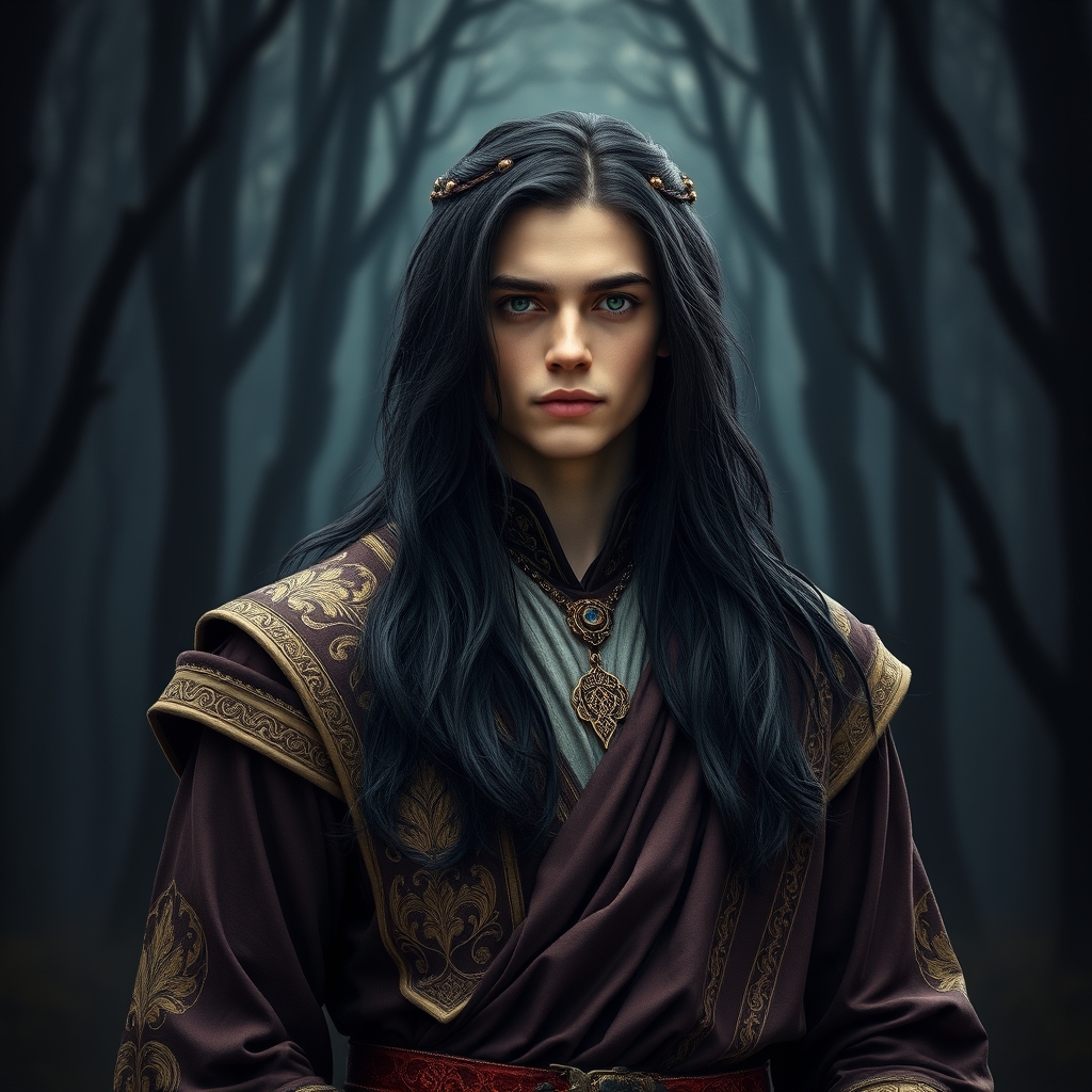 مردی جوان با موهای مشکی بلند و با چشمانی سبز رنگ لباسهای سلطنتی و اشرافی تنش باشد که پشت سرش جنگلی ترسناک و راز آلود باشد
4
