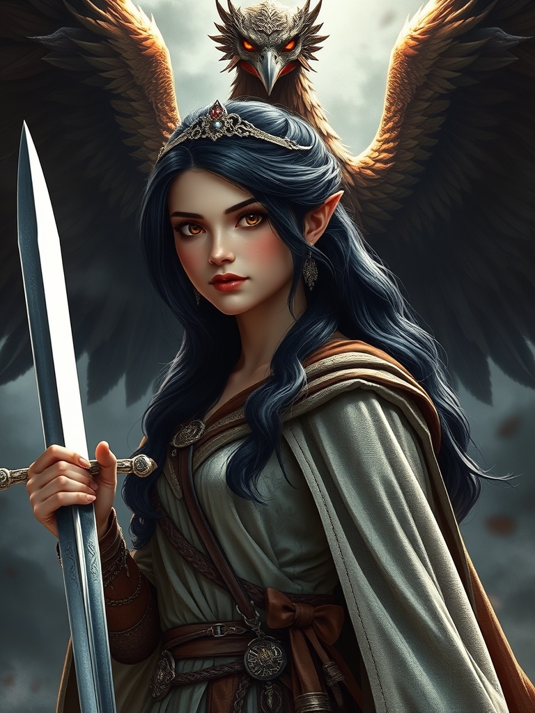 دختری زیبا و شجاع که یه لباس سلطنتی پوشیده و یه شمشیر تیز در دستش است رنگ مو های دختر مشکی است و رنگ چشمانش قهوهای تیره است در پس زمینه همای سعادت خشمگین ایستاده که از دختر محافظت میکند 8