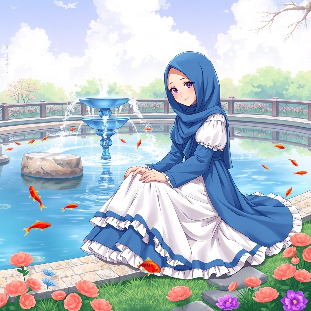 یک دختر خانم باحجاب و زیبا با لباس چین چینی و پف پفی سفید و آبی و روسری آبی که کنار یک حوض قشنگ با فواره و ماهی قرمز نشسته است و لبخند می زند. 2