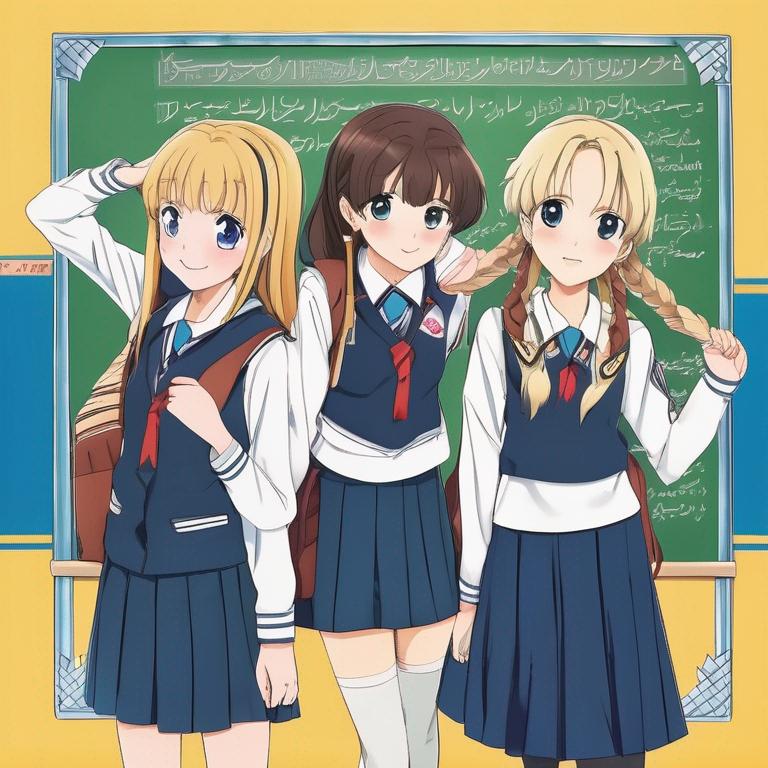 عکس سه دختر انیمه ای کلاس هفتم در حال رفتن به مدرسه با فرم مدرسه و اسم های آن ها دیانا ارینا و مانیا باشد و اسم هر کدام بالای سر آنها نوشته شده شده باشد به فارسی 

4