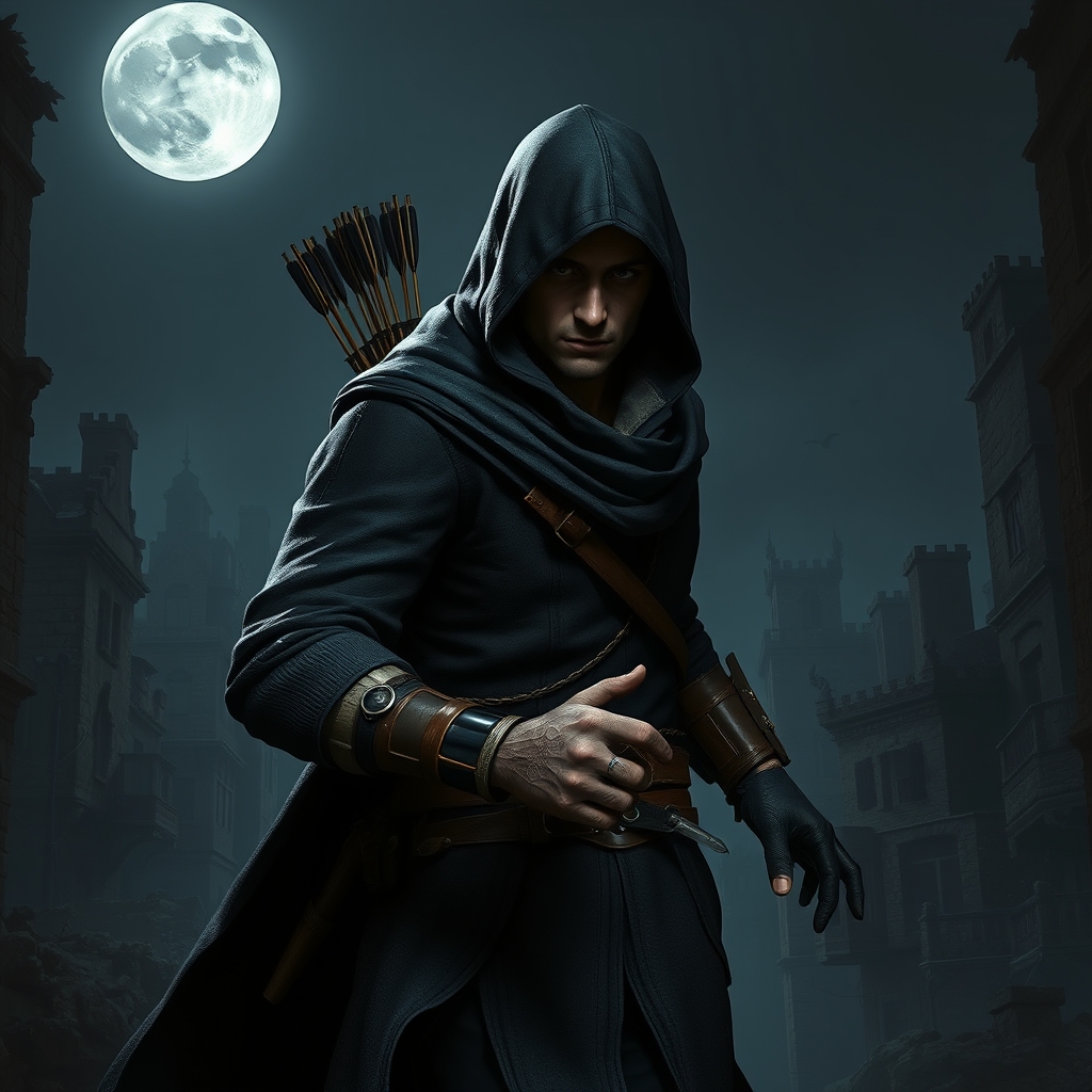 "شخصیت بازی Theif به نام Garrett مردی با لباس تیره و کلاه هودی، با چشمانی تیزبین و پشتش تیر و کمان دارد. او در حال حرکت در سایه‌ها، با دستانی چابک و یک جیب پر از ابزاری است. زمینه تاریک و شب بل ماه تابان و شهری با ساختمان‌های قدیمی و دیوارهای اعوجاج‌دار نشان‌دهنده فضای گوتیک بازی است."4