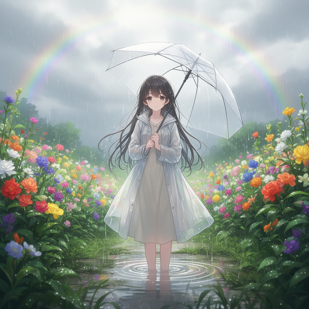 یک دختر جوان و بسیار زیبا که در باغ سبز و پر از گل در زیر باران ایستاده است که همه از زیبایی اوسجده میروند که در زیر باران است ویک انیمه است
3