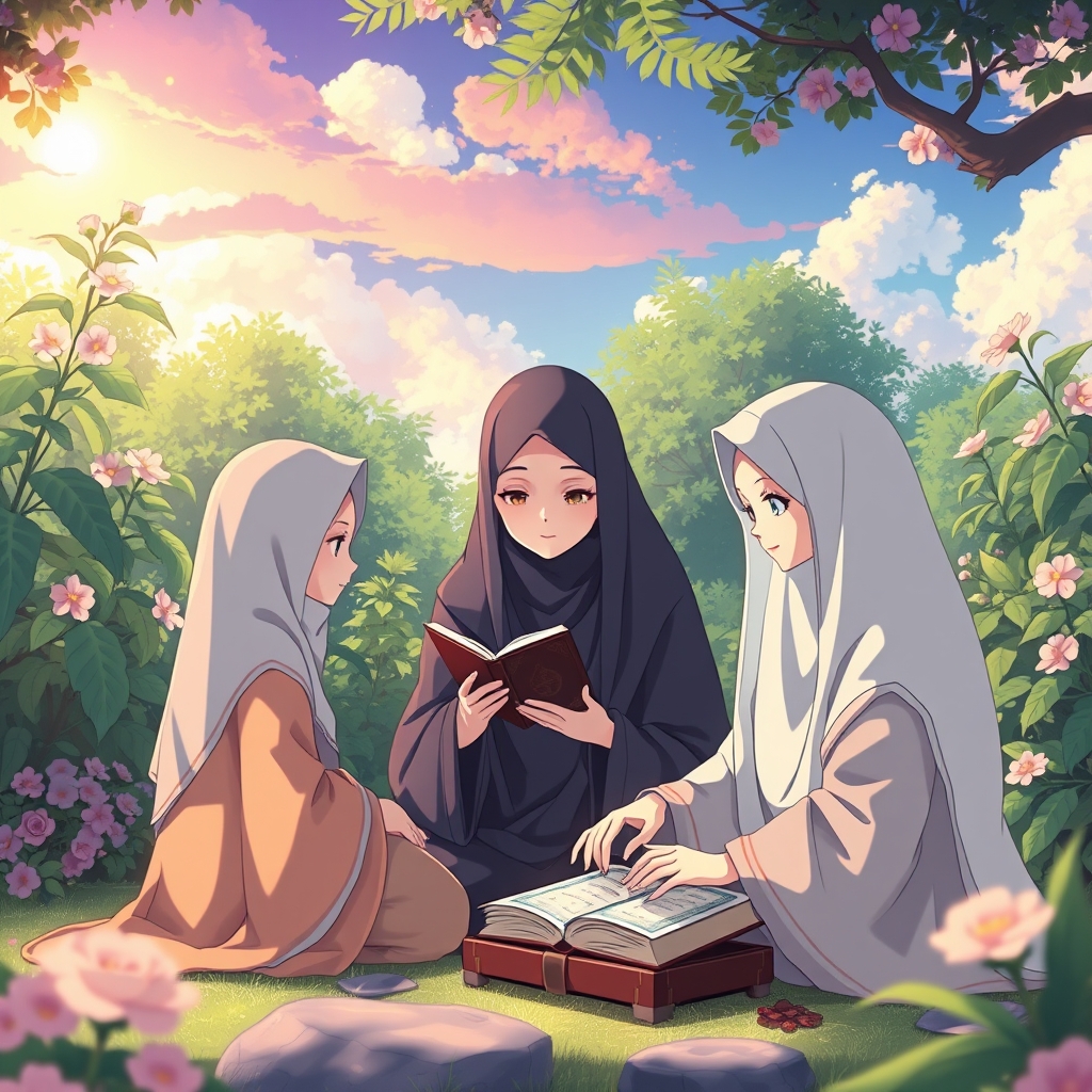 باغی زیبا و رویایی که معلمی با حجاب به دو دختر با حجاب قرآن یاد می‌دهد0