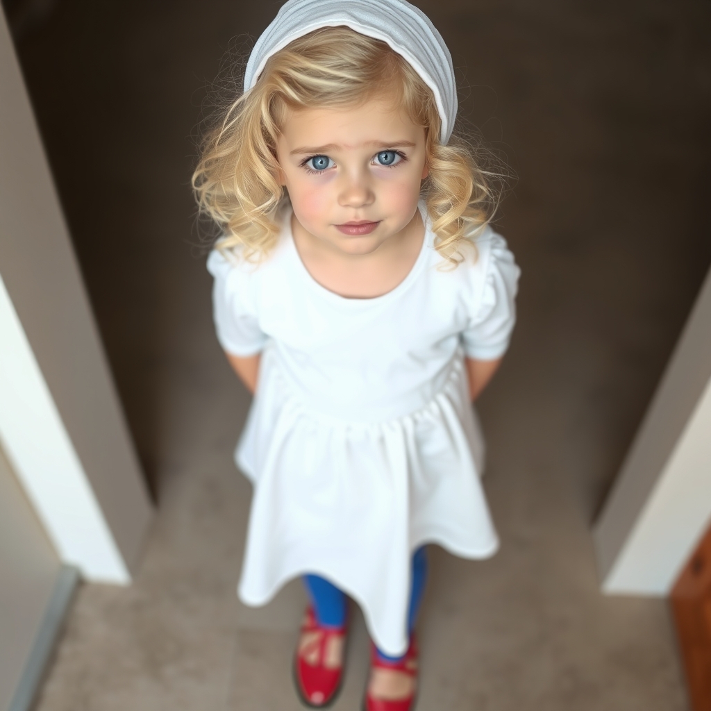 دختری  به سمت دوربین با دماغ عملی لباس سفید و شلوار آبی و کفش پاشنه بلند قرمز موی فرفری طلایی چشم آبی9