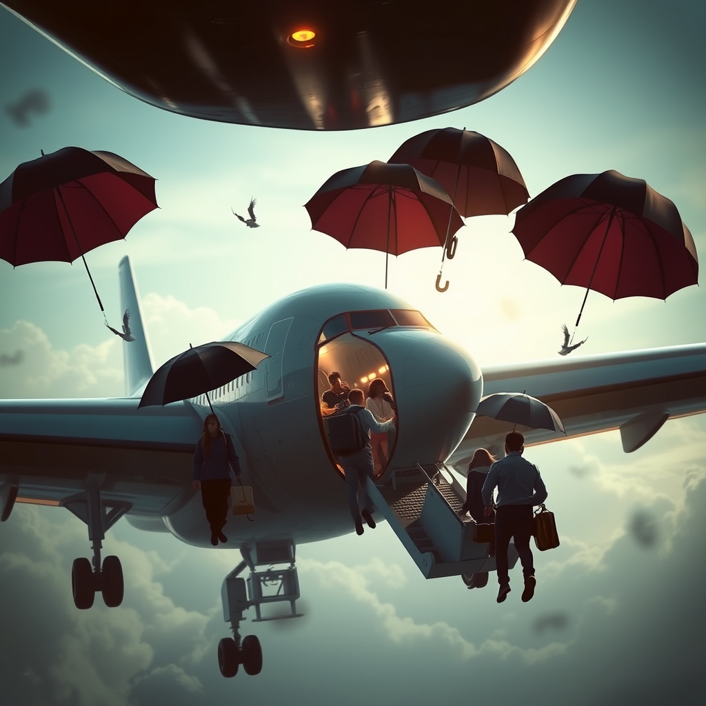 یک هواپیما در حال سقوط و مسافران با چتری مثل بالون از هوا پیما خارج میشوند2