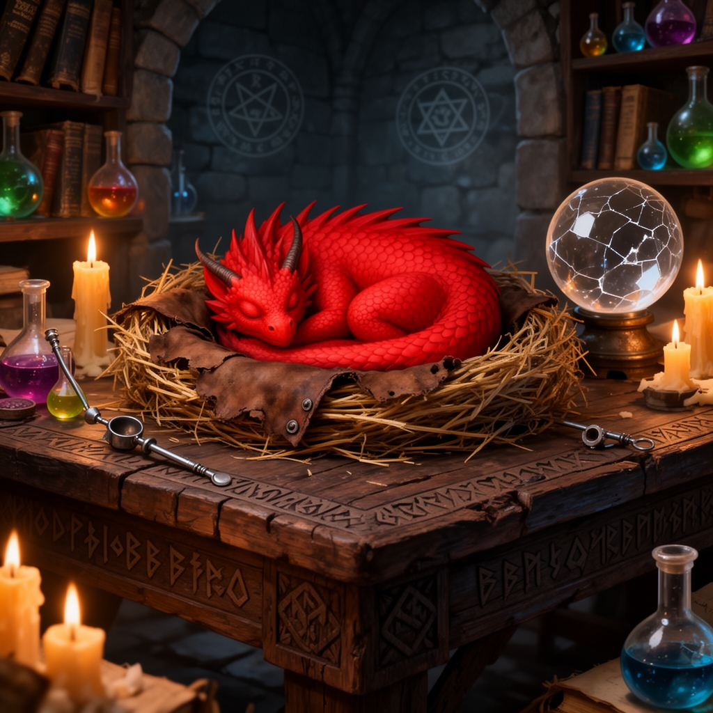 یک اژدهای قرمز کوچک در لانه ای روی میز جادوگر قرون وسطایی خوابیده است.1