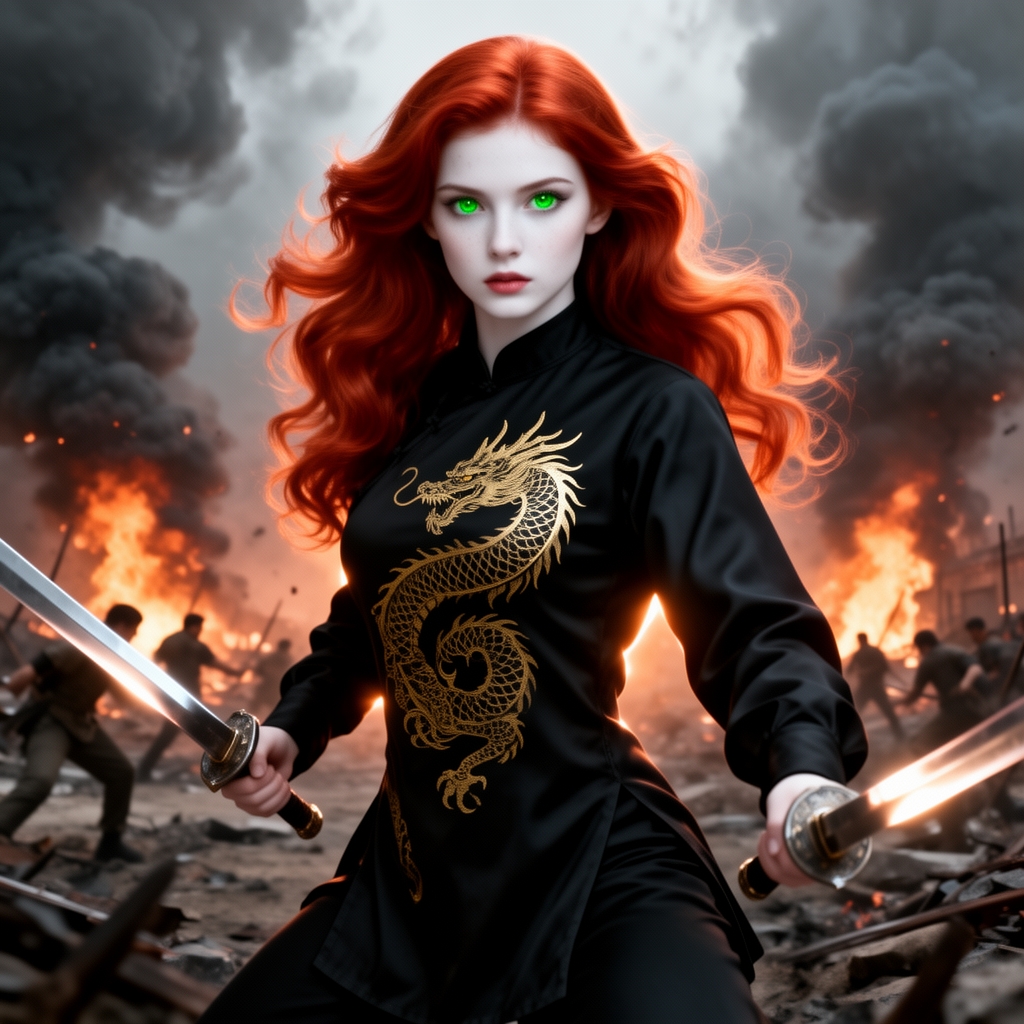 زیباترین زن جوان در جهان حتی در رویایی که شکوه خدا را داشته باشد که نظیر آن در دنیا نباشد که همه از شدت زیبایی به او سجده کنند که با چشمانی سبز رنگ که در مردمکش دشت باشد که با پوست سفیدتر از ماه و با موهای قرمز رنگ حالتدار بلند کیوت که با لباس رزمی مشکی رنگی بر تن داشته باشد که طرح اژدهای طلایی رنگی بر رویش حکاکی شده باشه و در دستان شمشیر باشد در وسط جنگ باشد و در حال جنگیدن باشد5