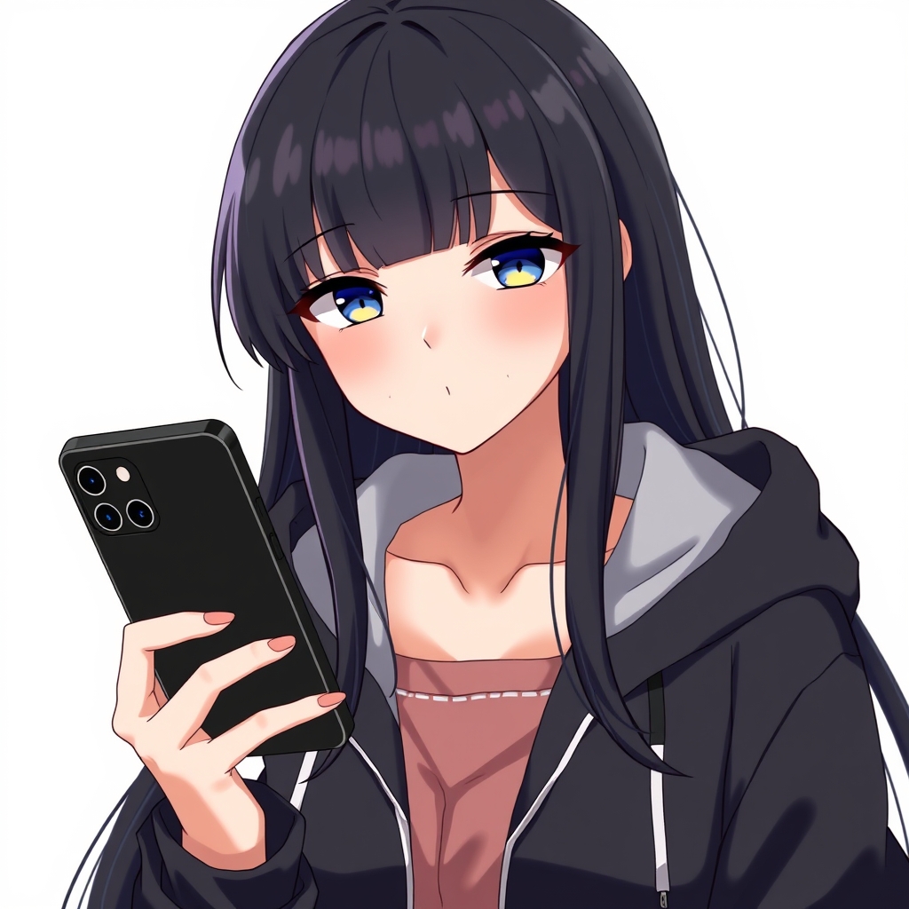 زن انیمه ای با مو های چتری بلند مشکی با هودی یقه باز مشکی با آیفون 16 مشکی3