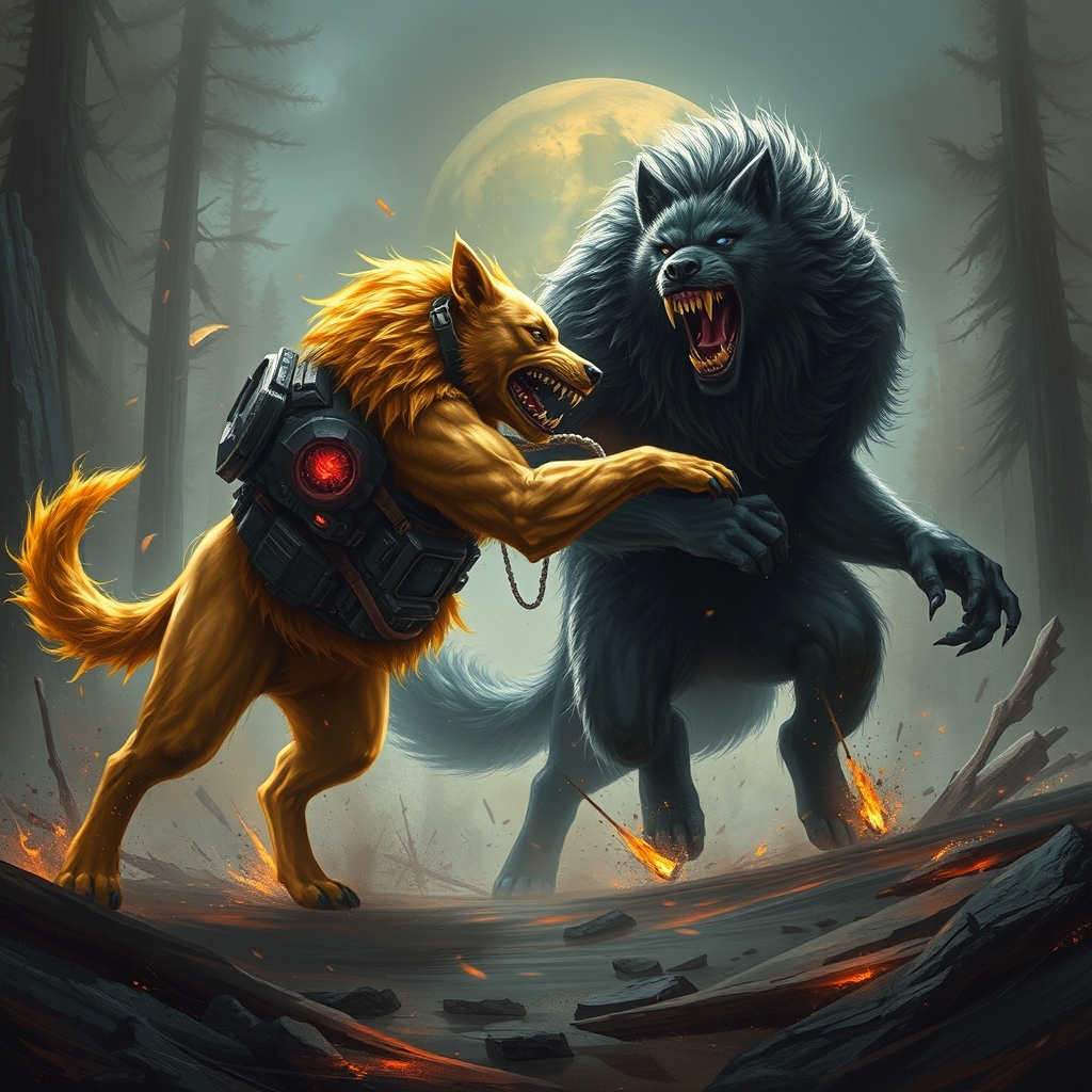 سگ بزرگ طلایی ترسناک سایبری درحال جنگ با گرگینه سیاه غول پیکر
17