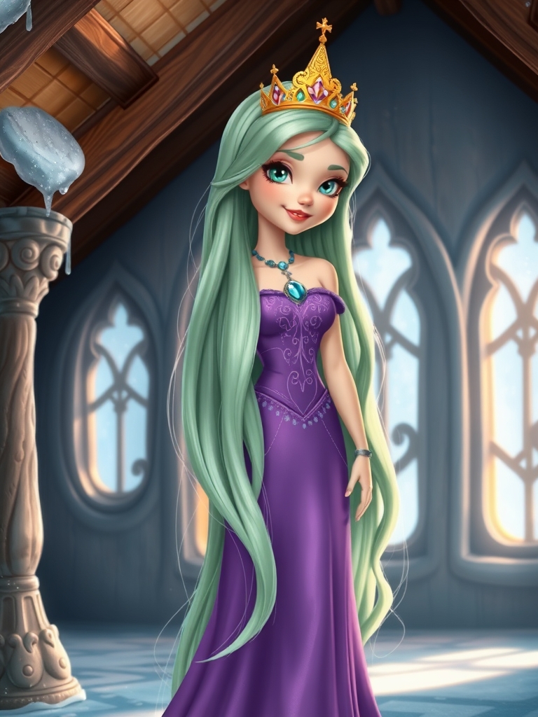 پرنسس بزرگی که زیبا که موهای سبز پاستیلی و لباس بنفش گردنبند آبی تاج زرد پوستی سفید و لپهای قرمز و زیبا و موهای سبز و طوسی در کفشهای مشکی که در یک خانه یخی است و خیلی زیباست خیلی خیلی زیبا چشمهای فیروزهای و پرنسسی جوان و بزرگ20