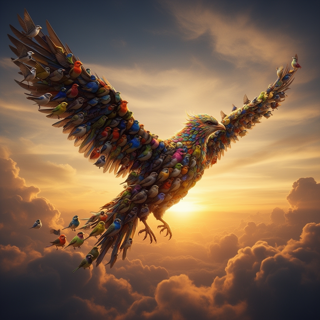 یک پرنده زیبا ساخته شده از ۳۰ پرنده کوچک مخطلف به نام سیمرغ4