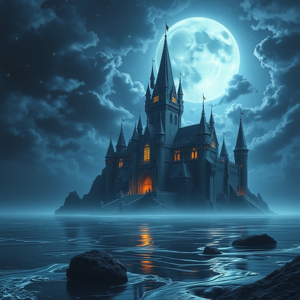 یک قصر سیاه روی دریای سفید رنگ میدرخشد در شب20