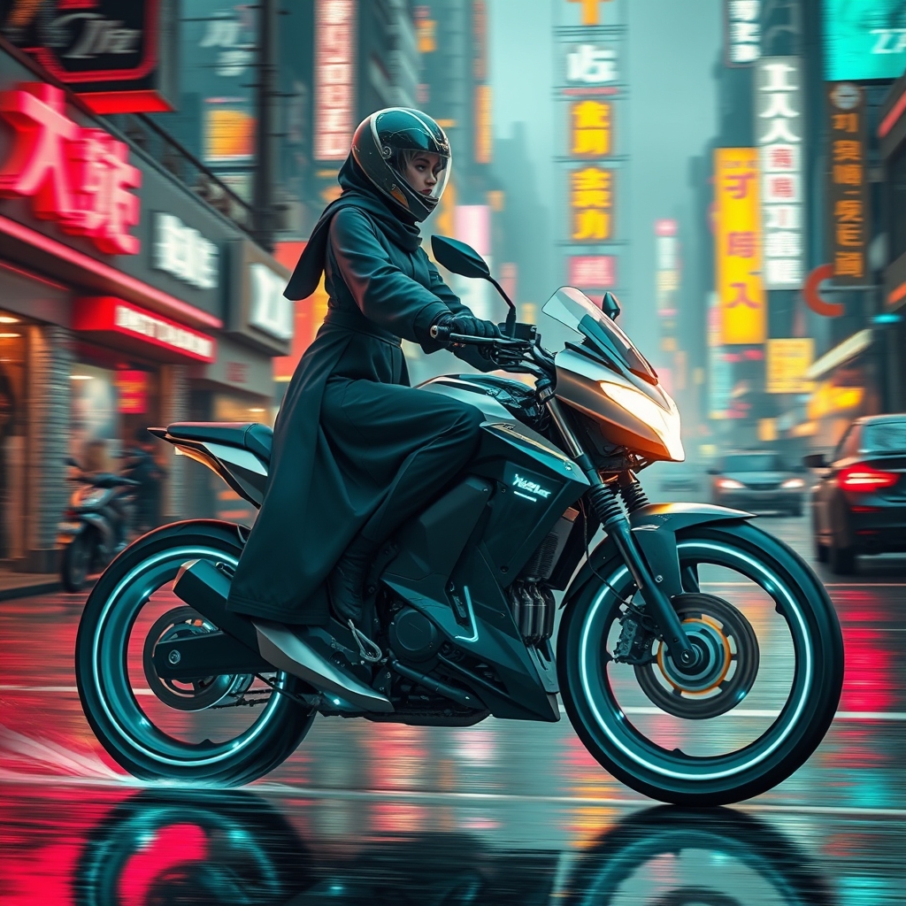 یک موتورسیکلت آینده‌نگر با چرخ‌های هولوگرافیک، در حال حرکت با سرعت در شهری با نورهای نئون.9