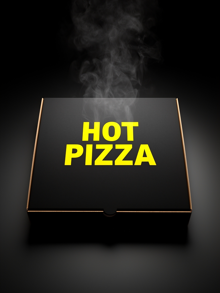 بسته‌بندی جعبه پیتزا با طراحی مینیمال و رنگ سیاه، روی جعبه با فونت زرد بزرگ نوشته شده "HOT PIZZA"، بخار بلند شده از جعبه.3
