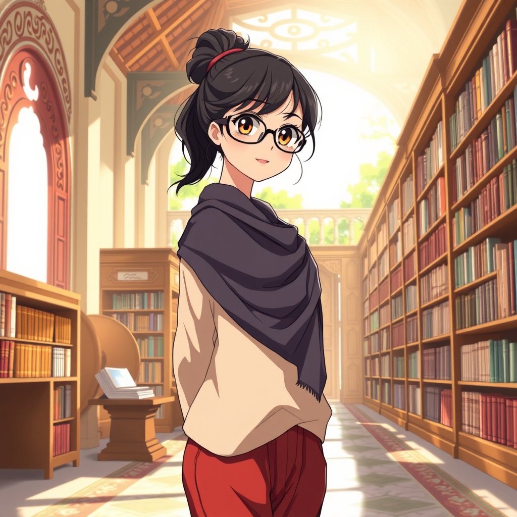 یک دختر با موهای مشکی بسته شده و چشمان عسلی رنگ و یک عینک و لباس و شلواری به رنگ زرشکی10