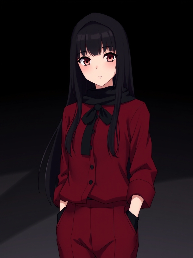 دختری با موهای لَخت و سیاه بلند با چتری و کت و شلوار زرشکی و کراوات سیاه با چشم هایی زیبا و کشیده و دست کش های سیاه و پشت صحنه ی تیره
13