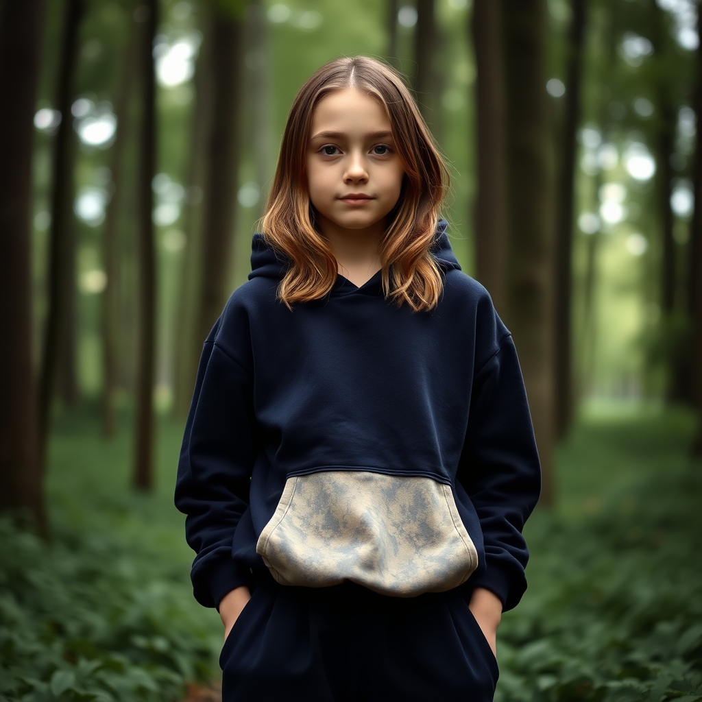 دختر پوست سفید زیبا مو های یکم بلند قهوه ای با هودی سیاه شلوار بگ سرمه ای که جلوی شلوارش یکم روشنه و رنگ کرمی داره در جنگل سر سبز بدون حیوان
4