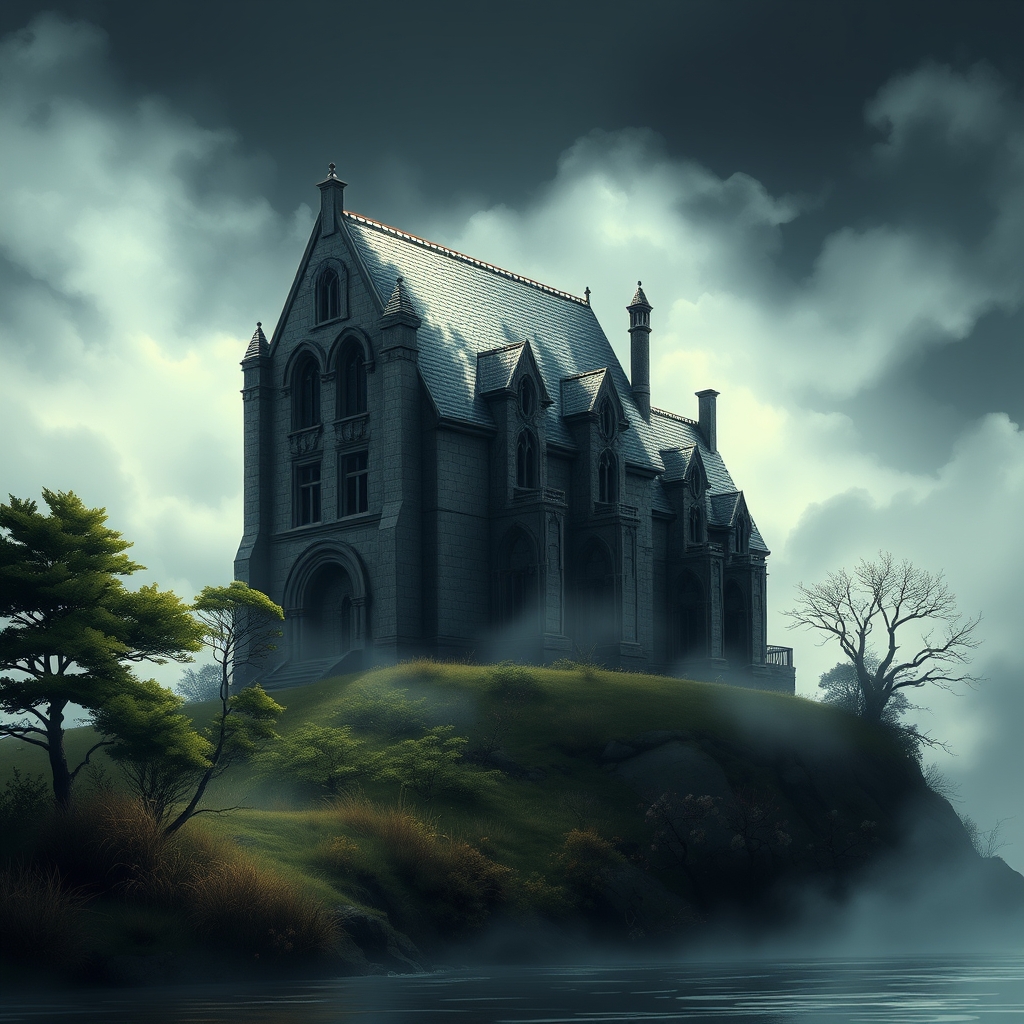 به مقابلم نگاه کردم و عمارتی دو طبقه و مرتفع و دلگیر از سنگ خاکستری با سقف آردواز دیدم که  حالا در نور خورشید برق می‌زد.،روی تپه ای کم ارتفاع و روبه‌روی پهنه‌ی باتلاق و خلیج عریض، عمارتی با حیرت‌انگیزترین موقعیتی که دیده بودم یا ممکن بود تصور کرده باشم، دورافتاده، آشتی ناپذیر و در عین‌حال ، به‌نظرم خوش‌منظر.”سبک گوتیک و دارک و فضای اطراف خانه مه الود و وهم انگیز و ترسناک باشد ، هوا نیمه تاریک و مه است و چند درخت در اطراف خانه هستند 2