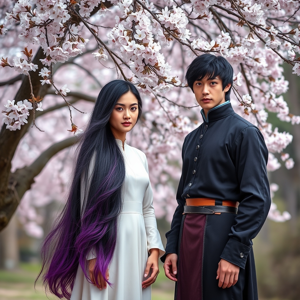 زنی با موهای مشکی که پایین موهاش بنفش باشد که زیر درخت پر از شکوفه باشد که در کنار او مردی با موهای مشکی و چشمانی آبی رنگ که لباسهای نجیبزادگی بر تن داشته باشد 18