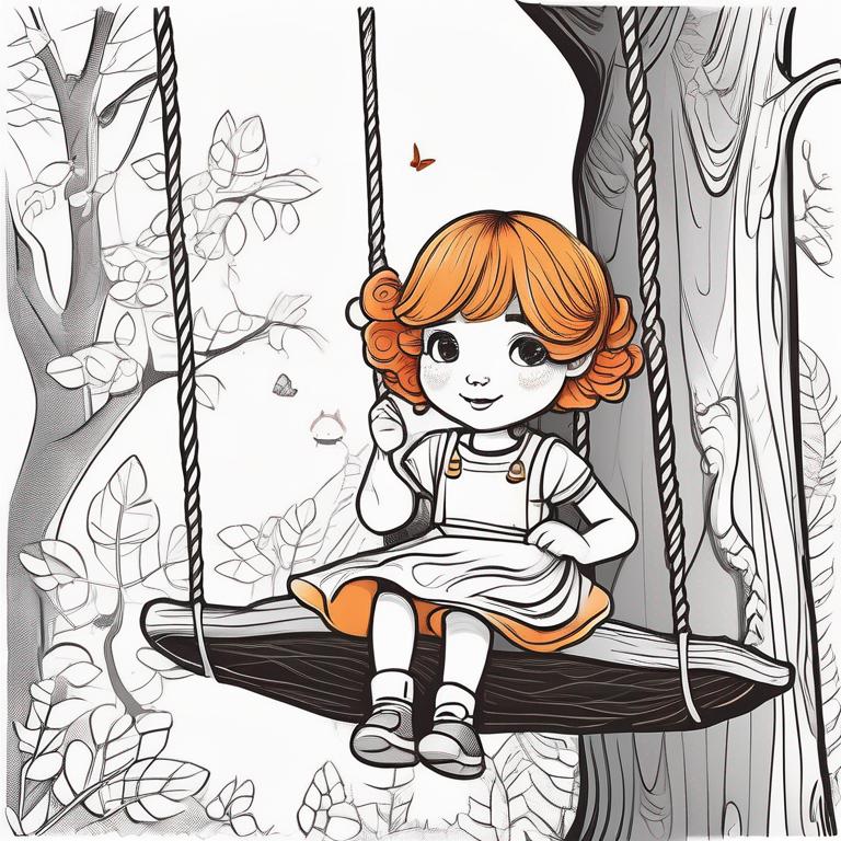 دختری بچه ای کوچک با لباسی زرد و مو هایی نارنجی چشم های قرمز  که در جنگلی روی یک تاب نشسته تاب با طناب به شاخه درخت بسته شده است5