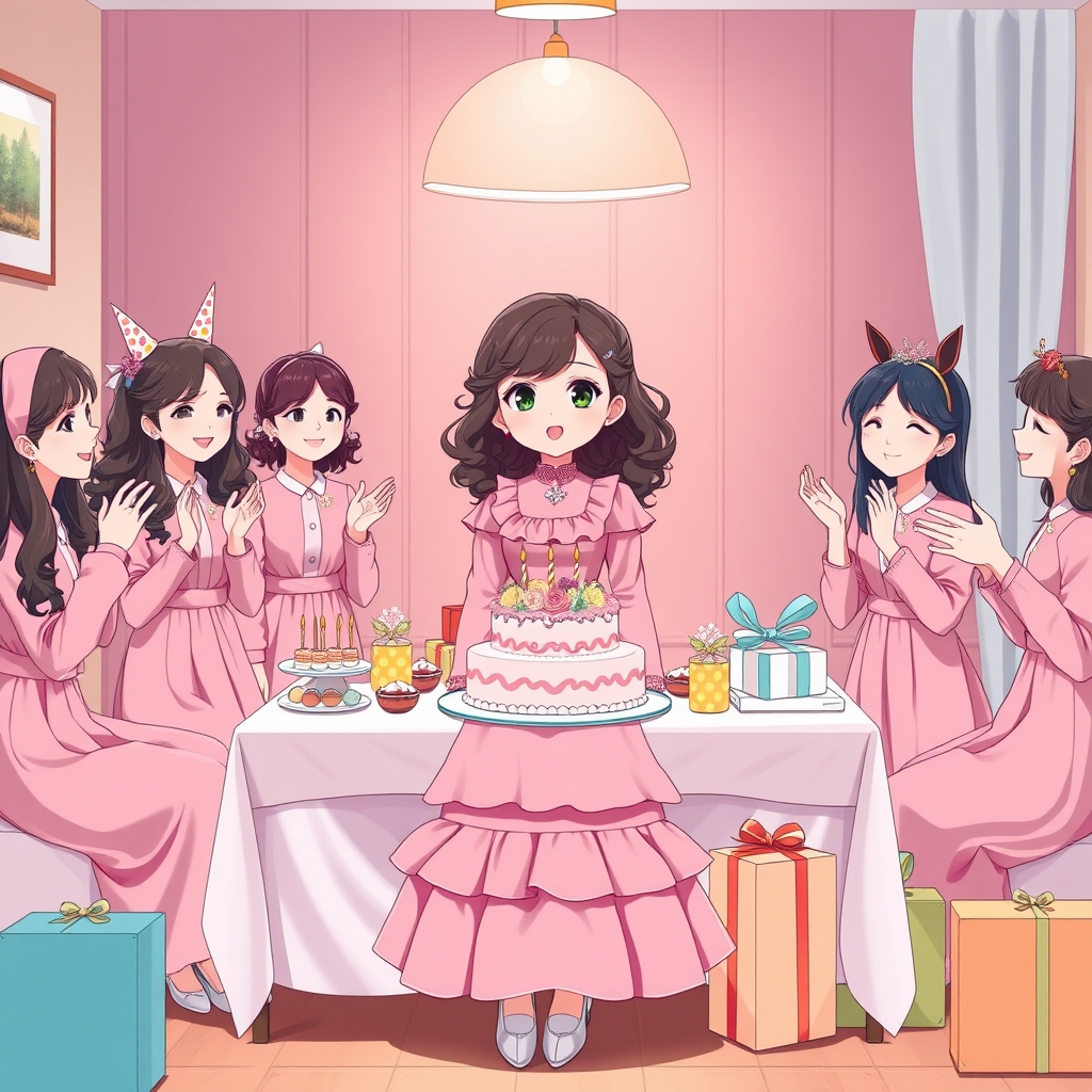 یک دختر خیلی کیوت کره ای که لباس صورتی چین چینی به تن دارد و گردنبندی از الماس دارد و موهای زیبای فرفری دارد و کفش های سفید پاشنه دار که تولدش است و همه دوستانش برای تولد او آمده اند یکی از دوستانش کلاه تولد دارد و دیگری تل گربه و آن ها هم بسیار زیبا هستند و لباس های زیبایی دارند و در حال شادی و دست زدن هستند و روی میز پر از خوراکی های رنگارنگ و کیک تولد زیبایی است و روی میز پر از کادو های قشنگ است14