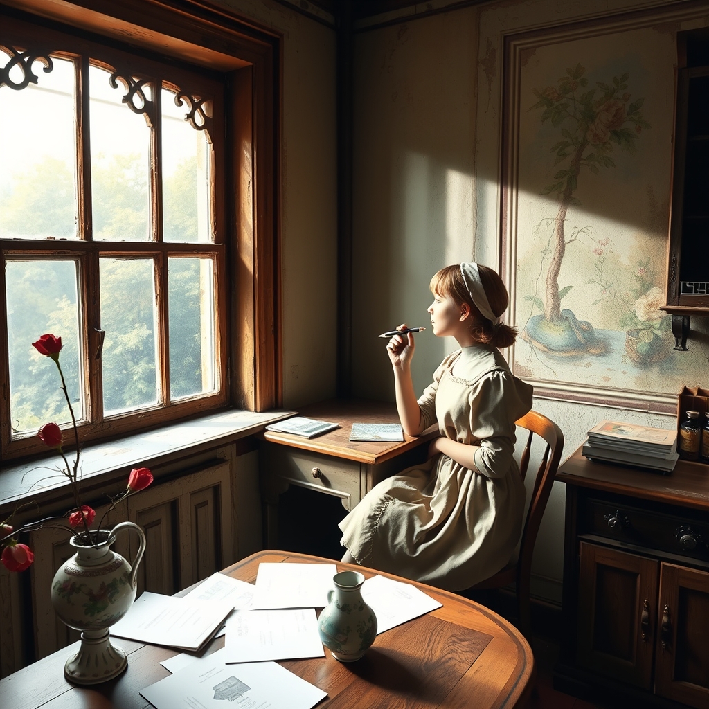 ی اتاق قدیمی که ی پنجره بزرگ رو ب باغی زیبا داره ویک میز و صندلی کناره پنجره ست ویک دخترروی صندلی نشسته ویک قلم تددستش ودستش زیر چونشه وداره ب باغ نگاه میکنه وروی میز وجلوی دست دختر چندورق کاغذ و یک گلدان مرواریدی کوچک با دوشاخه گل رز وجرئیات داخل اتاق12