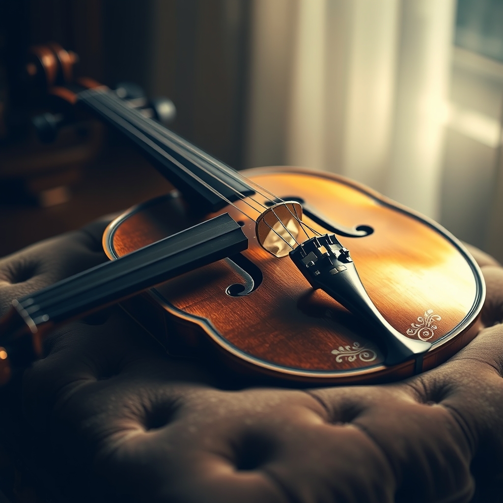 یک ویولن عتیقه با حکاکیهای طلایی، قرار گرفته روی یک بالشت مخملی زیر نور نرم.11