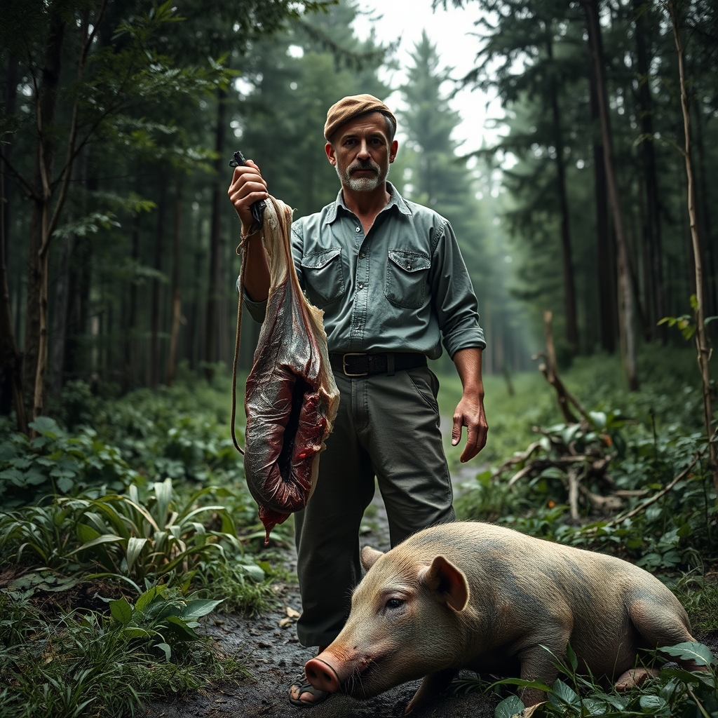 مردی که در دست آن گوشت است و کنار او خوکی مرده است در جنگلی سر سبز14