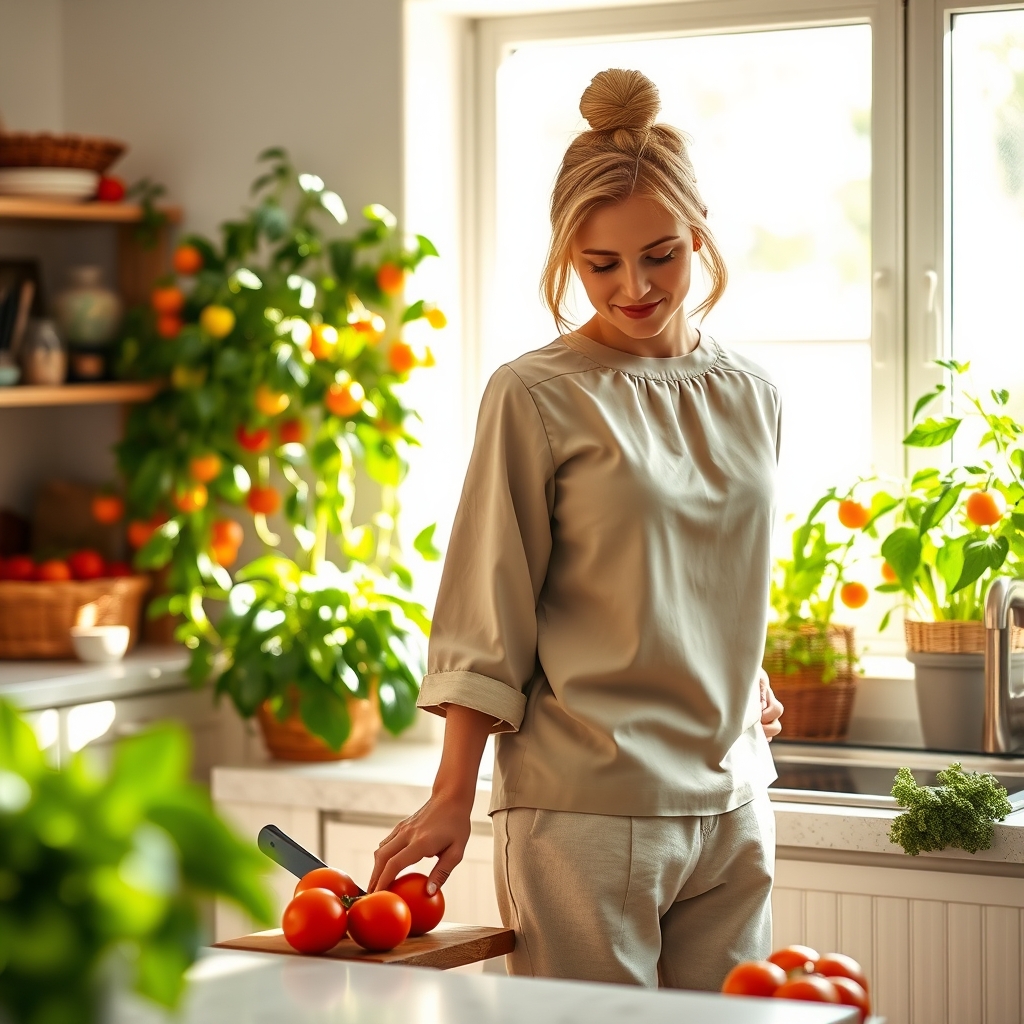 زنی‌درحال‌چیدن‌گوجه‌ی‌فرنگی‌‌که‌پشتش‌‌باغ‌گوجه‌هست2