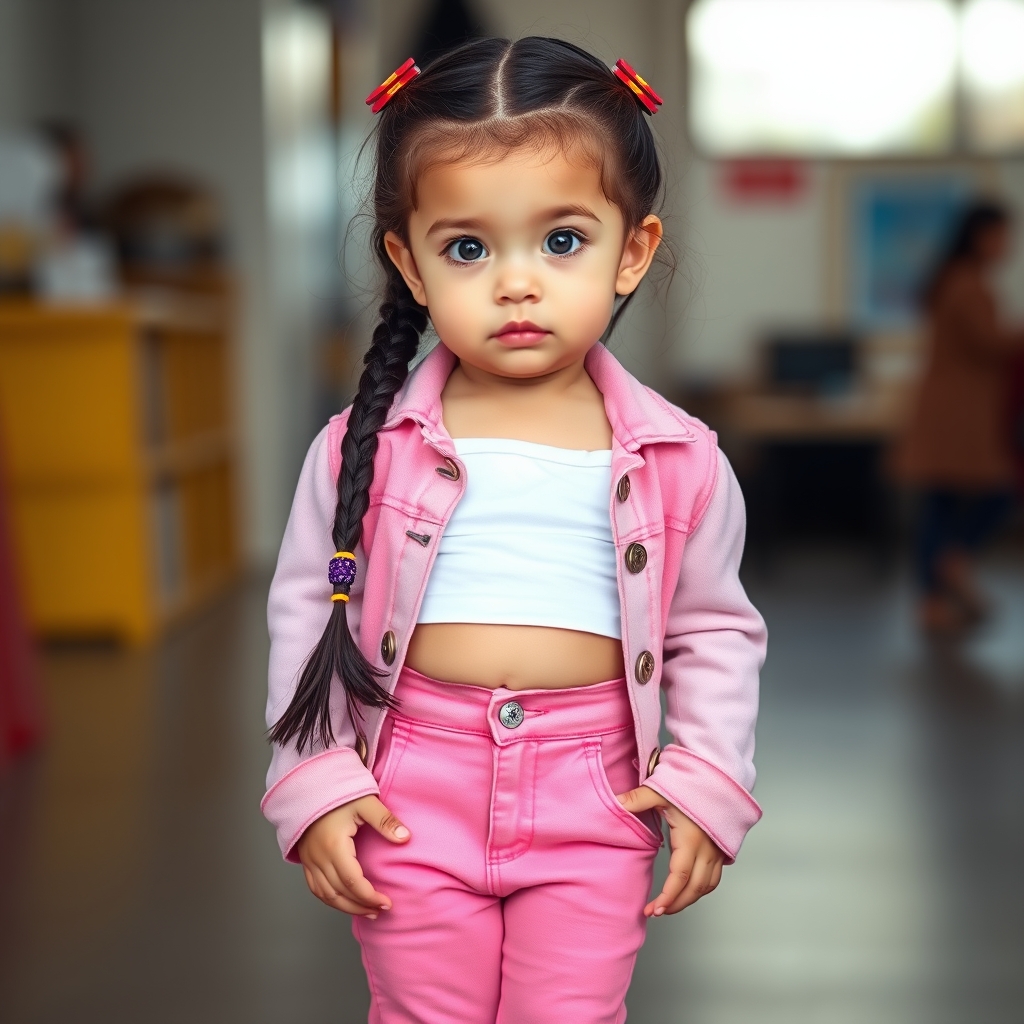 دختری ۵ ساله با شلوار صورتی جین کراپ سفید که روش کت جین صورتی کفش زرد و بنفش باموی مشگی بافته شده که انداختی روی شونه اش موهایش را با کلیپسای ساده قرمز پر رنگ بسته عکس قدی  با پوستی سفید و چشمان آبی گونه های صورتی لبان قرمز و زیبا5