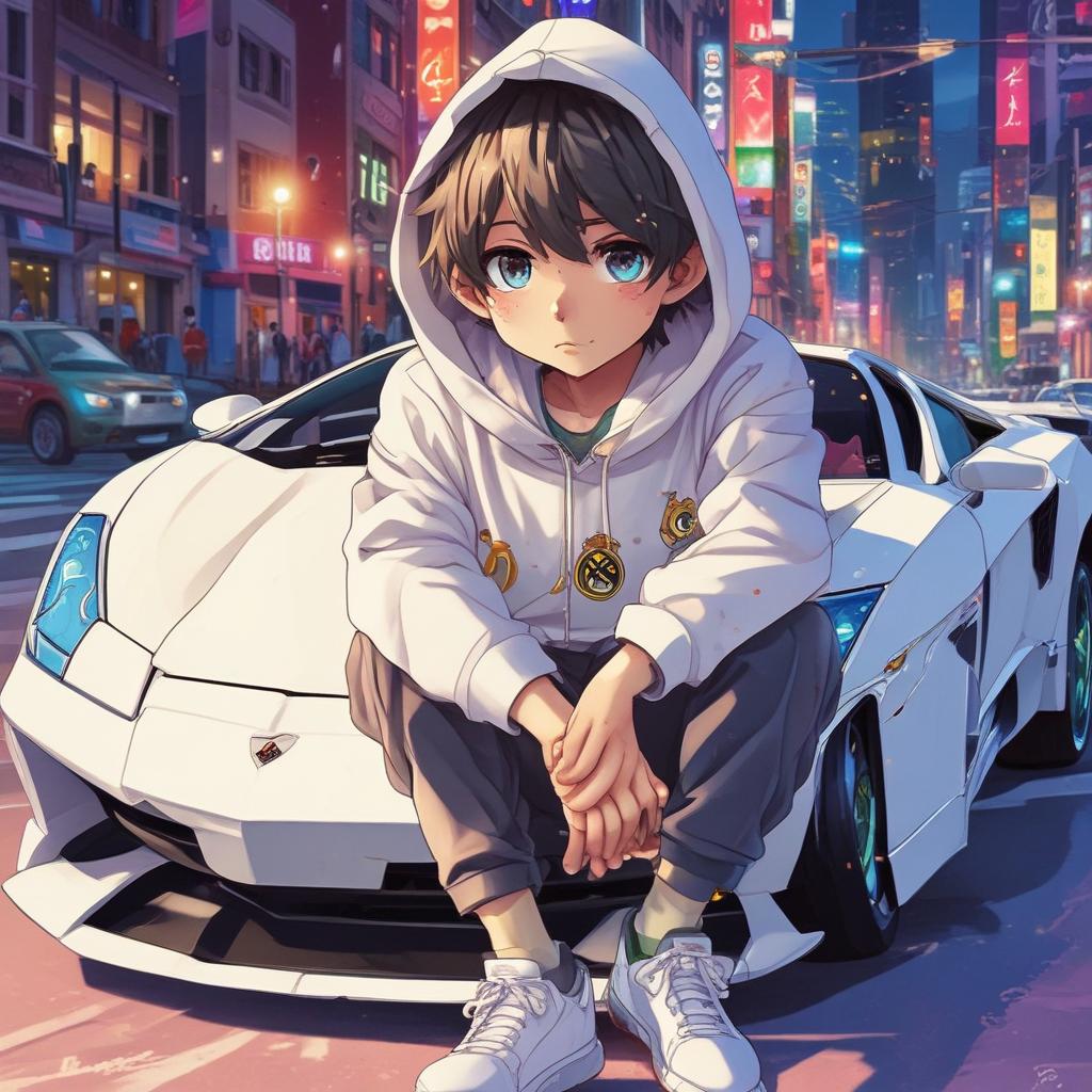 پسری با هودی با طرح رئال مادرید نشسته روی یک لامبورگینیِ سفید14