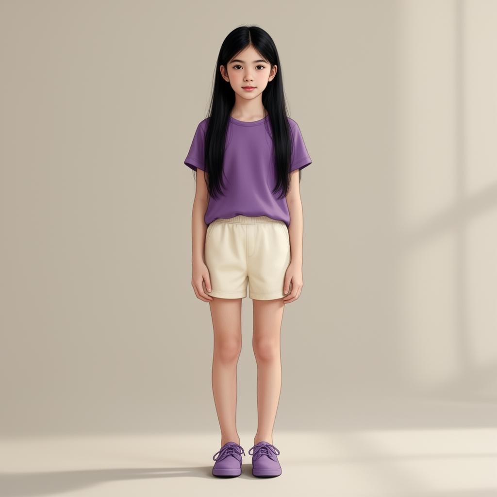یه دختر ۱۴ ساله لاغر با مو های مشکی بلند با چشمانی زیبا با کراپ بنفش و شلوارک کرم کتون با کفش بنفش4
