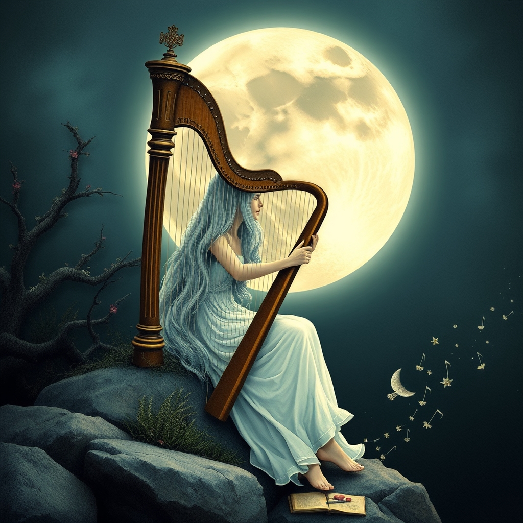 در ماه بانویی بسیار زیبا با موهای بلند نقره ای و پیراهنی سفید زندگی میکند که همیشه چنگ مینوازد و سازش نوایی مسحور کننده دارد 15
