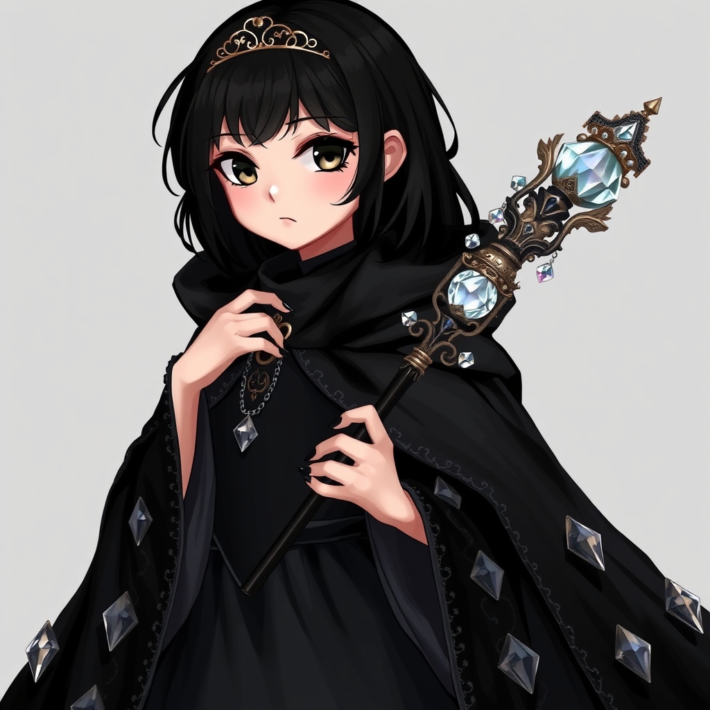 یک دختر زیبا با موهای سیاه که شنلی سیاه و کریستالی به تن کرده و شنل بلد است و تا پای ان دختر میاید او یک چوبدستی دارد با جزئیات زیاد و کریستال های کوچک که لباس او هم سیاه است و چشمانی سیاه دارد و لاک ناخن های او هم سیاه است که لباس، سلطنتی به تن دارد2