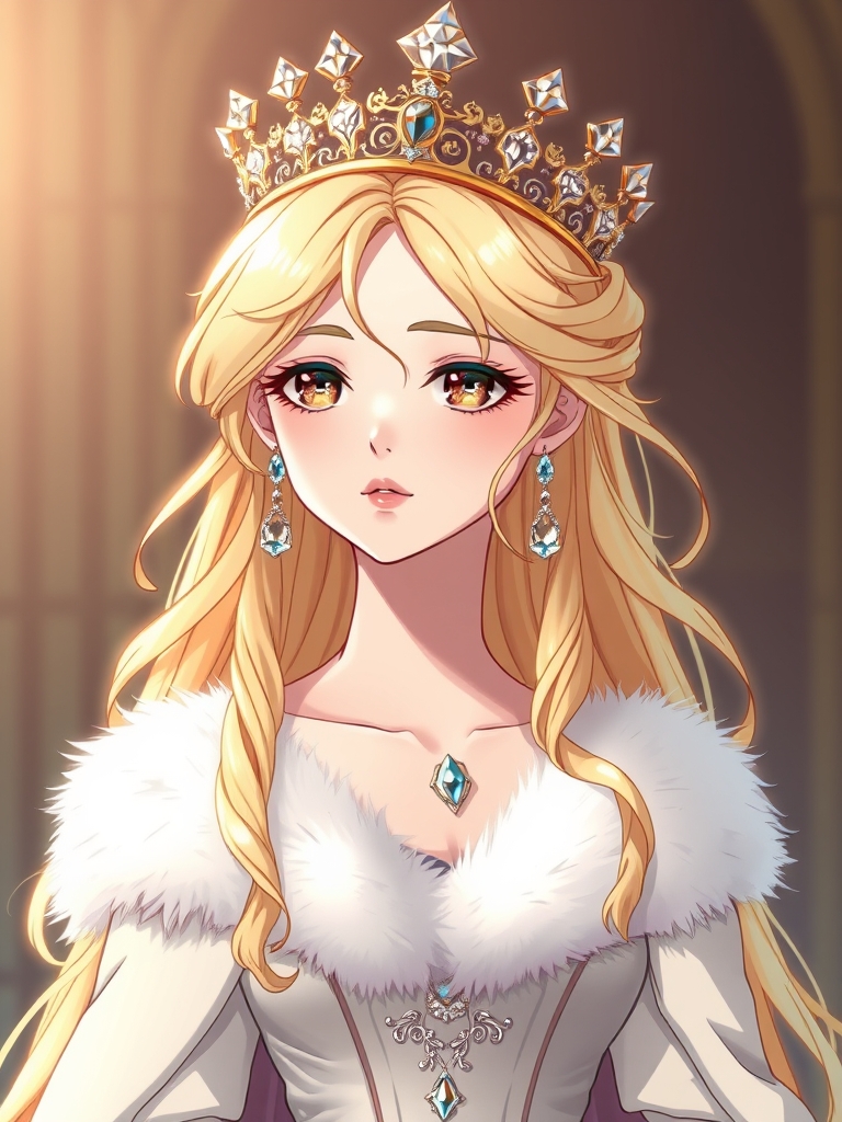 تصویر انیمه زیبا ملکه با موهای کرمی مایل به زرد با تاجی از طلا و نقره و الماس های زیبا و چهره سفید و پیراهنی با گردن و مچ سفید خز دار و پیراهن الماس دار بلند ترکیبی از رنگ سفید و اندکی صورتی او ایستا ده است و رژ لب نچرالی زده و مژه هایش را ریمل زده و به گونه هایش رژ گونه زده3