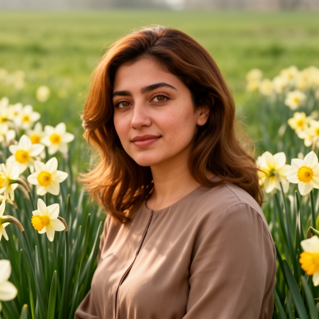 زنی با چهره ایرانی بینی گوشتی چشمان عسلی موهایی با رنگ خرمایی لبی متوسط که در گلزار گل نرگس وایستاده است5