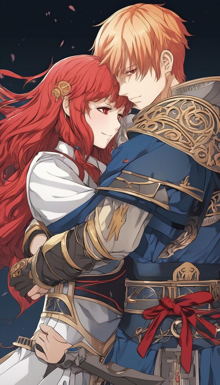 تصویر یک پسر با موهای قرمز و چشمان قرمز و با لباس جنگجویی در حال بغل کردن یک دختر کره ای  با سن 24 که چشمانی ابی و موهای بلوند دارد18