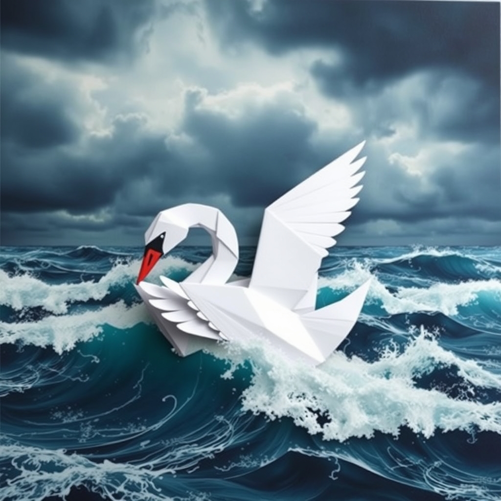 The image depicts a majestic swan gracefully swimming in turbulent ocean waves under a dramatic, cloudy sky.3
