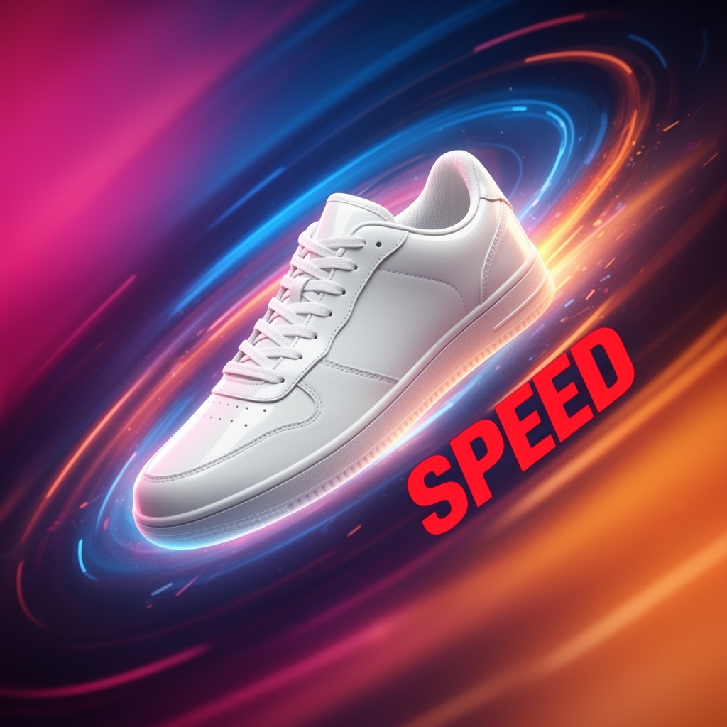 عکاسی تبلیغاتی از یک کفش ورزشی سفید که در هوا معلق است، پس‌زمینه رنگی پویا، کلمه "SPEED" با فونت اسپرت در کنار آن نوشته شده.1